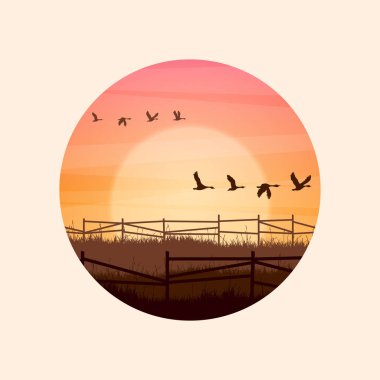 Çimenli ve eski ahşap çitli çayır siluetleri. Kırsal alan, panoramik yaz çimenliği kırsal alan otlar, yabani otlar. Tarım ve tarım. Doğada yaz günbatımı. Vektör illüstrasyonu.