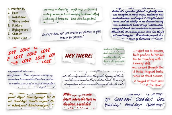 El yazısıyla yırtılmış kağıt şeritler. Yırtık kenarlı gerçekçi kağıt kırıntıları. Defter parçaları, kitap ya da eski gazete sayfaları. Son moda kolaj elementleri. Vektör illüstrasyonu.