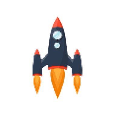 Piksel sanat roketi, ateşli patikaları, retro oyunları, uzay temalı tasarımları, uygulamaları veya animasyonları. Teknoloji, bilim kurgu ve fütüristik yaratıcı projeler için 8-bit stili. Vektör illüstrasyonu.