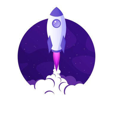 Roket fırlatma, gezegenler ve yıldızlarla dolu fütüristik uzay arkaplanı. Çizgi film yıldızgemisi, gece gökyüzünde uzay gemisi. Güneş sistemi, galaksi ve evren keşfi. Vektör illüstrasyonu.