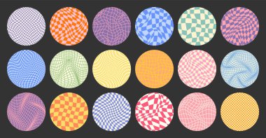 Dama desenli, yuvarlak renkli döşemeli. Klasik dalgalı eğimli arka plan, bozulma etkisi. Garip geometrik satranç tahtası dokusu, 90 'ların tarzında retro arka plan, y2k. Vektör illüstrasyonu.