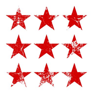 Kırık ve lekeli kırmızı klasik yıldızlar. Eski el yazısıyla çizilmiş, siyah basit bir şekil. Retro tasarım elementi sıkıntılı efekt, grunge doku. Vektör illüstrasyonu.