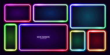 Renkli parlak neon pankartlar, aydınlatılmış kare çerçeveler. Parlak bir sınır, ışık efekti. Mor antika retro ışıklar, gece aydınlatması. Modern fütürist UI tasarım elementleri. Vektör illüstrasyonu.