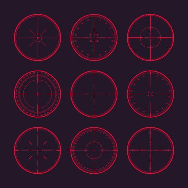 Derece ölçekli, optik dürbünlü çeşitli keskin nişancı tüfekleri. Avcı silahı dürbünü. Atış işareti, nişan al. Askeri hedef işareti. Oyun arayüzü UI ögesi. Vektör illüstrasyonu.