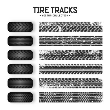 Grunge lastik izleri, lastik tekerlekler ve fren izleri. Kamyon, araba ya da motosiklet lastiği siluetleri. Araba yarışları, motor sporları ve hız ile ilgili tasarımlar için mükemmel. Vektör illüstrasyonu.