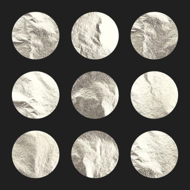 Gümüş folyo, parlak el yapımı daireler. Altın parıltılı doku, desen. Şatafatlı, parlak arka plan çizimi. Düğün, tebrik kartı dekorasyonu. Modern minimalist sanat. Vektör illüstrasyonu.