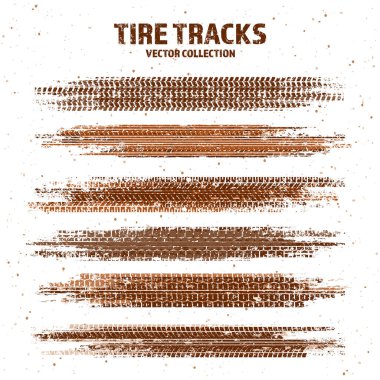 Çamur lekeli Grunge lastik izleri, kirli tekerlek fren izleri. Kamyon, araba ya da motosiklet lastiği siluetleri. Off-road, motor sporu ve yarış tasarımları için mükemmel. Vektör illüstrasyonu.