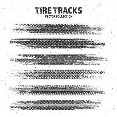 Çamur lekeli Grunge lastik izleri, kirli tekerlek fren izleri. Kamyon, araba ya da motosiklet lastiği siluetleri. Off-road, motor sporu ve yarış tasarımları için mükemmel. Vektör illüstrasyonu.