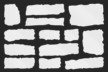 Yırtılmış kağıt şeritler. Yırtık kenarlı gerçekçi kağıt kırıntıları. Defter parçaları, kitap ya da eski gazete sayfaları. Son moda kolaj elementleri. Vektör illüstrasyonu.