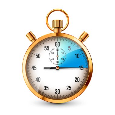 Gerçekçi klasik kronometre. Parlak altın metal kronometre, çevirmeli zaman sayacı. Mavi geri sayım zamanlayıcısı dakikaları ve saniyeleri gösteriyor. Spor için zaman ölçümü, başla, bitir. Vektör illüstrasyonu.