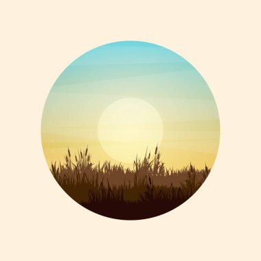 Çimenli ve eski ahşap çitli çayır siluetleri. Kırsal alan, panoramik yaz çimenliği kırsal alan otlar, yabani otlar. Tarım ve tarım. Doğada yaz günbatımı. Vektör illüstrasyonu.