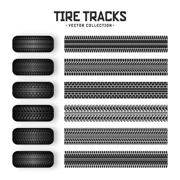 Lastik izleri, lastik tekerlekler ve fren izleri. Kamyon, araba ya da motosiklet lastiği siluetleri. Araba yarışları, motor sporları ve hız ile ilgili tasarımlar için mükemmel. Vektör illüstrasyonu.