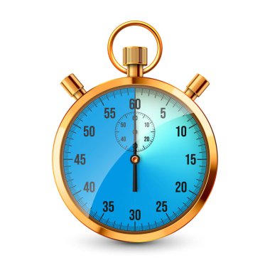 Gerçekçi klasik kronometre. Parlak altın metal kronometre, çevirmeli zaman sayacı. Mavi geri sayım zamanlayıcısı dakikaları ve saniyeleri gösteriyor. Spor için zaman ölçümü, başla, bitir. Vektör illüstrasyonu.