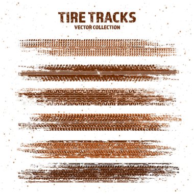 Çamur lekeli Grunge lastik izleri, kirli tekerlek fren izleri. Kamyon, araba ya da motosiklet lastiği siluetleri. Off-road, motor sporu ve yarış tasarımları için mükemmel. Vektör illüstrasyonu.