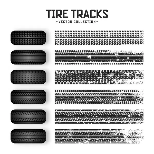 Grunge lastik izleri, lastik tekerlekler ve fren izleri. Kamyon, araba ya da motosiklet lastiği siluetleri. Araba yarışları, motor sporları ve hız ile ilgili tasarımlar için mükemmel. Vektör illüstrasyonu.