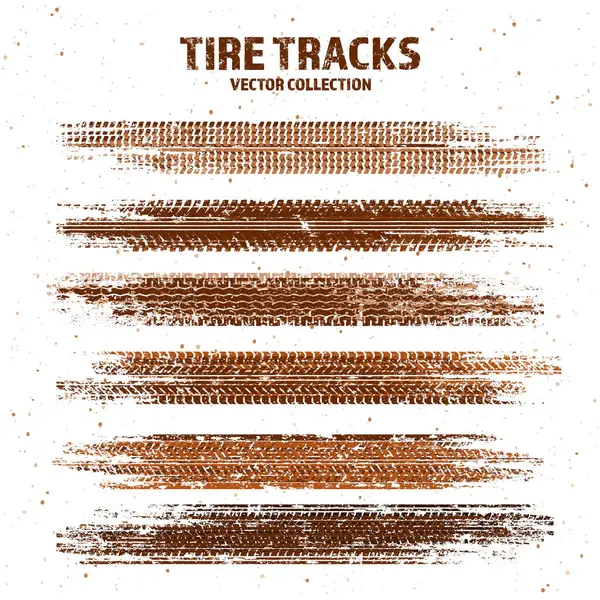 Çamur lekeli Grunge lastik izleri, kirli tekerlek fren izleri. Kamyon, araba ya da motosiklet lastiği siluetleri. Off-road, motor sporu ve yarış tasarımları için mükemmel. Vektör illüstrasyonu.