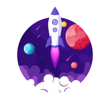 Roket fırlatma, gezegenler ve yıldızlarla dolu fütüristik uzay arkaplanı. Çizgi film yıldızgemisi, gece gökyüzünde uzay gemisi. Güneş sistemi, galaksi ve evren keşfi. Vektör illüstrasyonu.