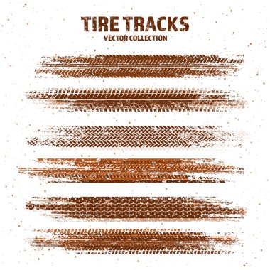 Çamur lekeli Grunge lastik izleri, kirli tekerlek fren izleri. Kamyon, araba ya da motosiklet lastiği siluetleri. Off-road, motor sporu ve yarış tasarımları için mükemmel. Vektör illüstrasyonu.