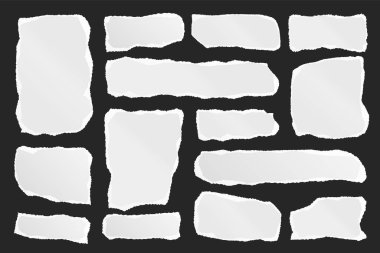 Yırtılmış kağıt şeritler. Yırtık kenarlı gerçekçi kağıt kırıntıları. Defter parçaları, kitap ya da eski gazete sayfaları. Son moda kolaj elementleri. Vektör illüstrasyonu.