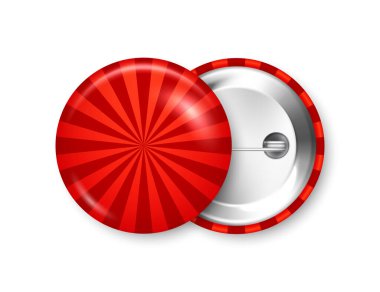 Gerçekçi renkli funky rozetler. Güneş patlaması etkisi. Parlak 3D yuvarlak düğme. Rozet, broş modeli ürün tanıtımı ve reklam için. Vektör illüstrasyonu.