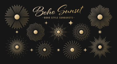 Klasik altın güneş patlaması, günbatımı ışınları koleksiyonu. Boho tarzı, modern minimalist bohem tasarımı. El çizimi güneş patlaması, ışık ışınları. Logotype ya da harfli retro tasarım öğesi. Vektör illüstrasyonu.