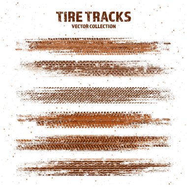Çamur lekeli Grunge lastik izleri, kirli tekerlek fren izleri. Kamyon, araba ya da motosiklet lastiği siluetleri. Off-road, motor sporu ve yarış tasarımları için mükemmel. Vektör illüstrasyonu.