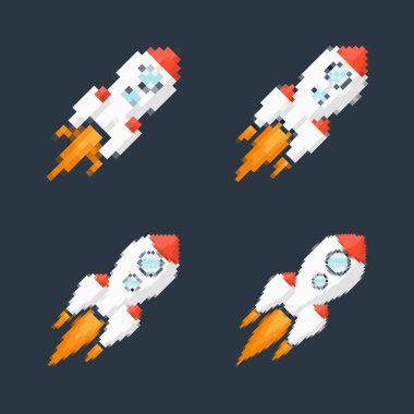 Piksel sanat roketi, ateşli patikaları, retro oyunları, uzay temalı tasarımları, uygulamaları veya animasyonları. Teknoloji, bilim kurgu ve fütüristik yaratıcı projeler için 8-bit stili. Vektör illüstrasyonu.