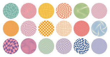 Dama desenli, yuvarlak renkli döşemeli. Klasik dalgalı eğimli arka plan, bozulma etkisi. Garip geometrik satranç tahtası dokusu, 90 'ların tarzında retro arka plan, y2k. Vektör illüstrasyonu.