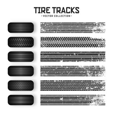 Grunge lastik izleri, lastik tekerlekler ve fren izleri. Kamyon, araba ya da motosiklet lastiği siluetleri. Araba yarışları, motor sporları ve hız ile ilgili tasarımlar için mükemmel. Vektör illüstrasyonu.