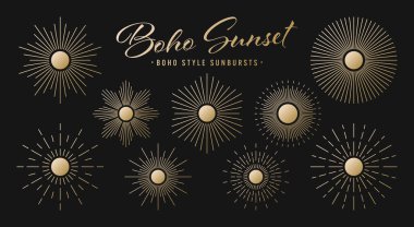 Klasik altın güneş patlaması, günbatımı ışınları koleksiyonu. Boho tarzı, modern minimalist bohem tasarımı. El çizimi güneş patlaması, ışık ışınları. Logotype ya da harfli retro tasarım öğesi. Vektör illüstrasyonu.
