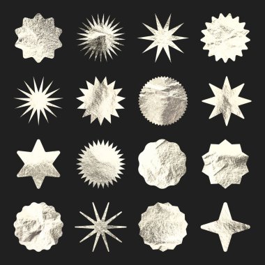 Gümüş yıldızlar, güneş patlaması sembolleri. Parlak altın folyo. Eski günışığı sembolleri. Alışveriş etiketleri, indirim ya da indirim etiketleri, kalite notları. Özel fiyat etiketi, terfi rozeti. Vektör illüstrasyonu.