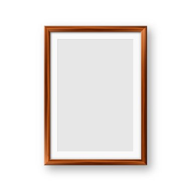 Gerçekçi boş ahşap resim çerçevesi. Sanat, fotoğraf ya da reklam için modern poster modeli. Sanat galerileri, iç dekorasyon ve markalaşma için mükemmel. Vektör illüstrasyonu.
