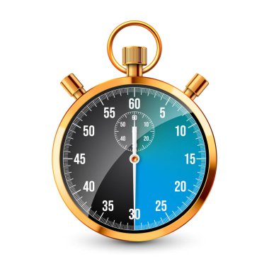 Gerçekçi klasik kronometre. Parlak altın metal kronometre, çevirmeli zaman sayacı. Mavi geri sayım zamanlayıcısı dakikaları ve saniyeleri gösteriyor. Spor için zaman ölçümü, başla, bitir. Vektör illüstrasyonu.