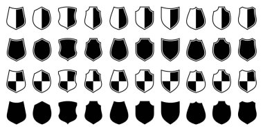 Çeşitli klasik kalkan simgeleri seti. Siyah hanedan kalkanları. Koruma ve güvenlik sembolü, etiket. Vektör illüstrasyonu