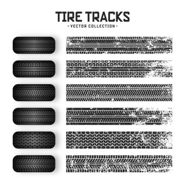 Grunge lastik izleri, lastik tekerlekler ve fren izleri. Kamyon, araba ya da motosiklet lastiği siluetleri. Araba yarışları, motor sporları ve hız ile ilgili tasarımlar için mükemmel. Vektör illüstrasyonu.