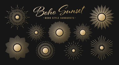 Klasik altın güneş patlaması, günbatımı ışınları koleksiyonu. Boho tarzı, modern minimalist bohem tasarımı. El çizimi güneş patlaması, ışık ışınları. Logotype ya da harfli retro tasarım öğesi. Vektör illüstrasyonu.