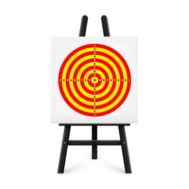 Ahşap sehpada atış poligonu. Kağıt hedef, bölümler, işaretler ve numaralar. Okçuluk, silah atışı ve eğitim, spor müsabakası, avcılık. Tam isabet ve nişan al. Vektör illüstrasyonu.
