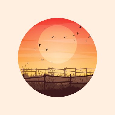 Çimenli ve eski ahşap çitli çayır siluetleri. Kırsal alan, panoramik yaz çimenliği kırsal alan otlar, yabani otlar. Tarım ve tarım. Doğada yaz günbatımı. Vektör illüstrasyonu.