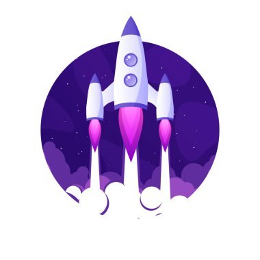 Roket fırlatma, gezegenler ve yıldızlarla dolu fütüristik uzay arkaplanı. Çizgi film yıldızgemisi, gece gökyüzünde uzay gemisi. Güneş sistemi, galaksi ve evren keşfi. Vektör illüstrasyonu.