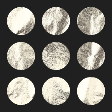 Gümüş folyo, parlak el yapımı daireler. Altın parıltılı doku, desen. Şatafatlı, parlak arka plan çizimi. Düğün, tebrik kartı dekorasyonu. Modern minimalist sanat. Vektör illüstrasyonu.