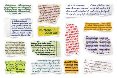 El yazısıyla yırtılmış kağıt şeritler. Yırtık kenarlı gerçekçi kağıt kırıntıları. Defter parçaları, kitap ya da eski gazete sayfaları. Son moda kolaj elementleri. Vektör illüstrasyonu.