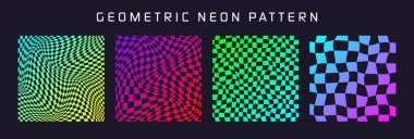 Dama desenli, rengarenk desenli döşemeli. Klasik dalgalı eğimli arka plan, bozulma etkisi. Garip geometrik satranç tahtası dokusu, 90 'ların tarzında retro arka plan, y2k. Vektör illüstrasyonu.
