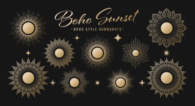 Klasik altın güneş patlaması, günbatımı ışınları koleksiyonu. Boho tarzı, modern minimalist bohem tasarımı. El çizimi güneş patlaması, ışık ışınları. Logotype ya da harfli retro tasarım öğesi. Vektör illüstrasyonu.