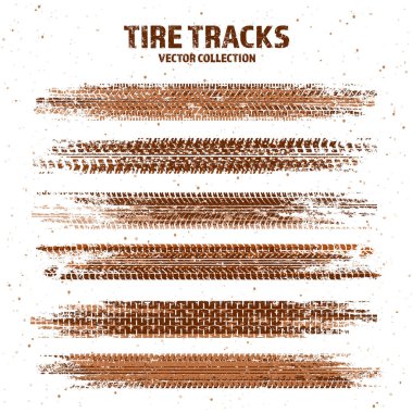 Çamur lekeli Grunge lastik izleri, kirli tekerlek fren izleri. Kamyon, araba ya da motosiklet lastiği siluetleri. Off-road, motor sporu ve yarış tasarımları için mükemmel. Vektör illüstrasyonu.