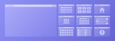 Web tarayıcı penceresi, araç çubuğu ve arama alanı olan saydam sayfa düzeni. Modern web sitesi, internet sayfası. Bilgisayar, tablet ve akıllı telefon için tarayıcı modeli. Uyarlamalı UI. Vektör illüstrasyonu.