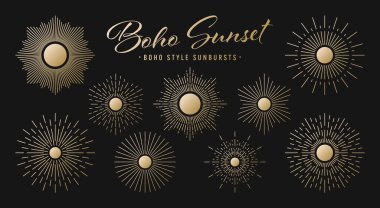 Klasik altın güneş patlaması, günbatımı ışınları koleksiyonu. Boho tarzı, modern minimalist bohem tasarımı. El çizimi güneş patlaması, ışık ışınları. Logotype ya da harfli retro tasarım öğesi. Vektör illüstrasyonu.
