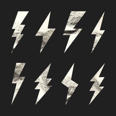 Gümüş yıldırım simgeleri koleksiyonu. Altın folyo dokusu. Flaş sembolü, yıldırım. Basit yıldırım çarpması işareti. Vektör illüstrasyonu.