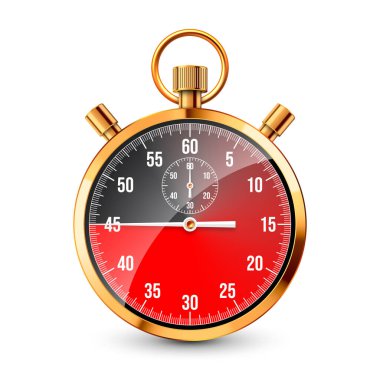 Gerçekçi klasik kronometre. Parlak altın metal kronometre, çevirmeli zaman sayacı. Kırmızı geri sayım zamanlayıcısı dakikaları ve saniyeleri gösteriyor. Spor için zaman ölçümü, başla, bitir. Vektör illüstrasyonu.