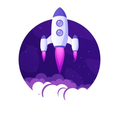 Roket fırlatma, gezegenler ve yıldızlarla dolu fütüristik uzay arkaplanı. Çizgi film yıldızgemisi, gece gökyüzünde uzay gemisi. Güneş sistemi, galaksi ve evren keşfi. Vektör illüstrasyonu.