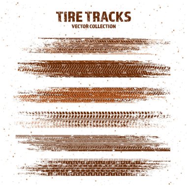 Çamur lekeli Grunge lastik izleri, kirli tekerlek fren izleri. Kamyon, araba ya da motosiklet lastiği siluetleri. Off-road, motor sporu ve yarış tasarımları için mükemmel. Vektör illüstrasyonu.